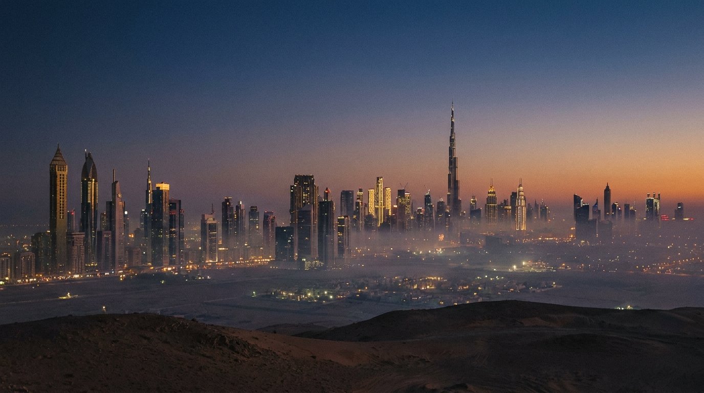 Dubai high-rise construction frame at twilight