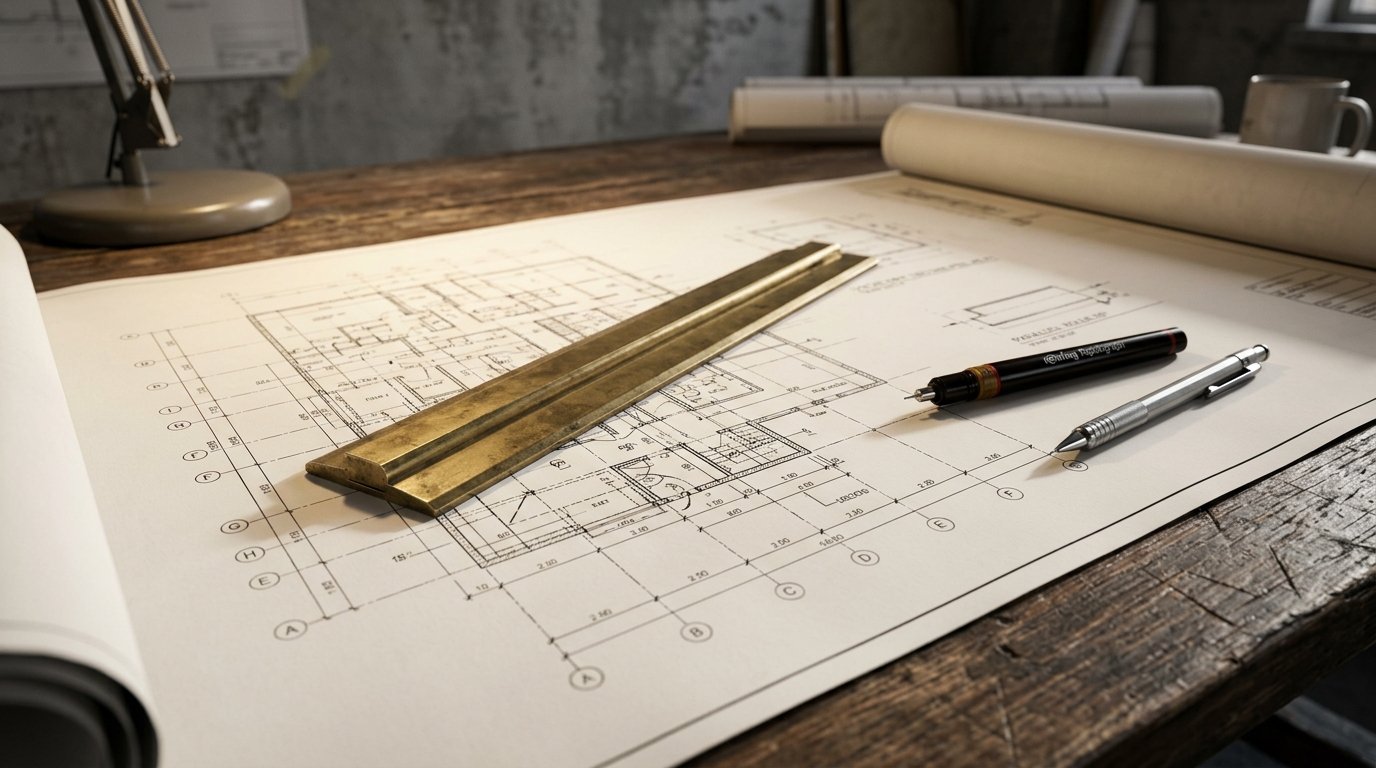 Construction engineering drawing on table
